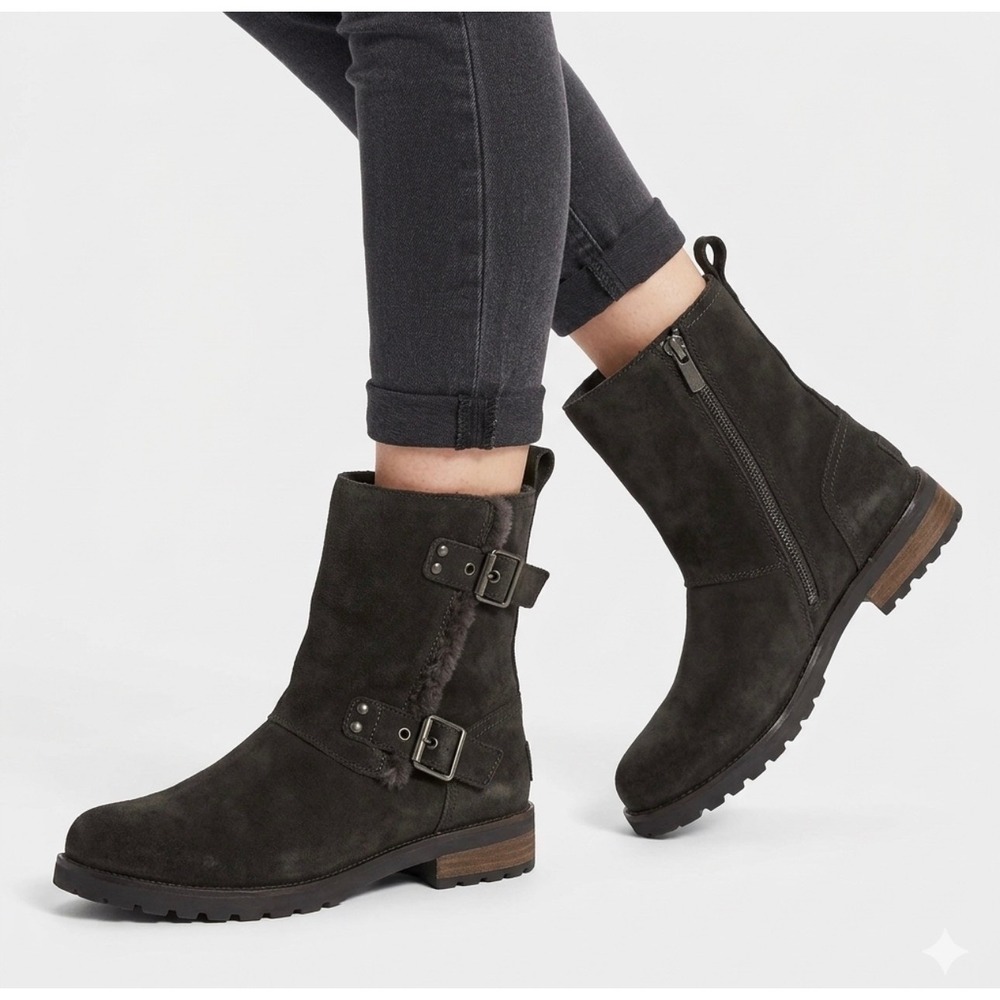 UGG Suede Moto Boots Niels II Black Water Resistant Buckle Lug Sole Womens Sz 9
